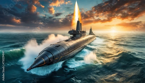 Generic military nuclear submarine floating in the middle of the ocean while shooting