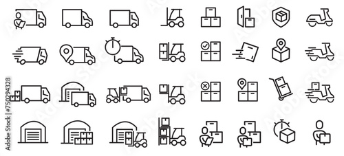 Set of Simple Package Delivery Related Vector Line Icons. Contains Icons such as truck, loading packages, forklift, and more. Editable stroke photo