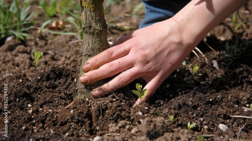 A macro view of a students hand holding a handful of nutrientrich soil as they gently place it around the base of a newly planted tree. We can see the individual grains of