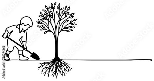 Continuous one black line art drawing Silhouette of children planting tree. Shovel digs roots plant into ground to save the world and earth day reduce global warming growth concept vector illustration