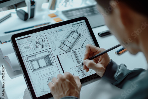 An industrial designer meticulously creates product concept drawings on a tablet in a modern design studio