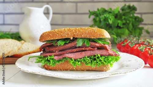 Roast beef sandwich in a white kitchen on the table for lunch with greens