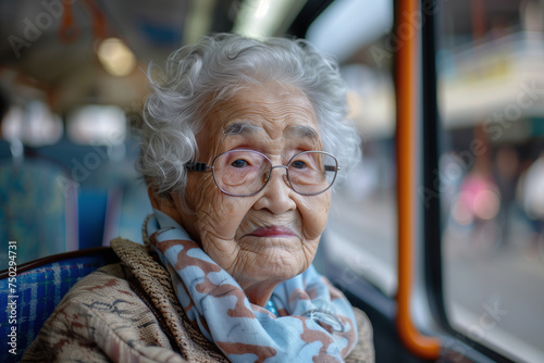 Elderly Woman Reflecting on Bus Journey