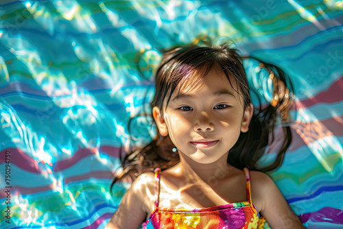 Asian Little girl laying resting relaxing in swimming pool, Enjoying Summer Vacation, Top view