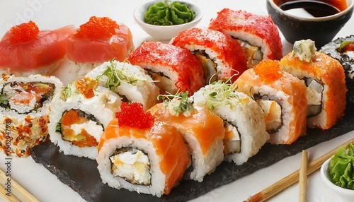 Set of delicious sushi rolls on white background, closeup