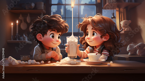 cartoon girl and boy drink milk