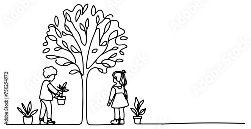 Continuous one black line art drawing Silhouette of children planting tree. Shovel digs roots plant into ground to save the world and earth day reduce global warming growth concept vector illustration