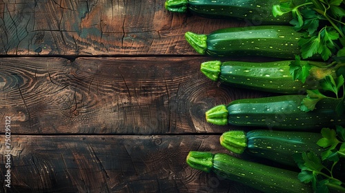 Zucchini on wooden table. Rustic tabletop with zucchini. Top view