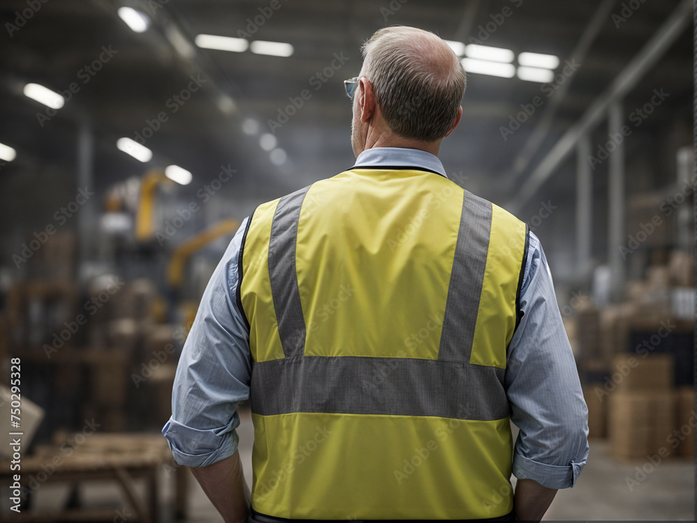 A working man wearing a security vest stands in factory A working man wearing a security vest stands in factory