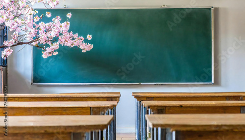 入学、卒業イメージ。桜。黒板。教室。Entrance and graduation images. cherry blossoms. blackboard. classroom. photo