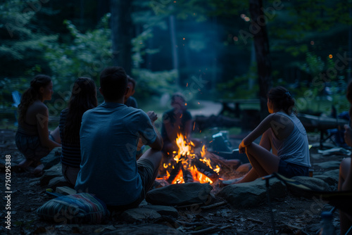 Group of friends in forest enjoying around campfire.