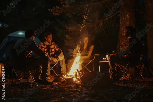 Group of friends enjoying around campfire in forest.