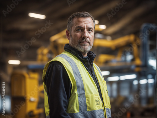 A working man wearing a security vest stands in factory