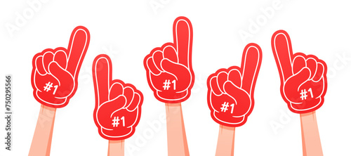 Foam fingers with hands. Number 1. Hands up with glove.