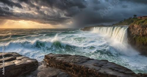 Waterfall during high tide or stormy weather with crashing waves