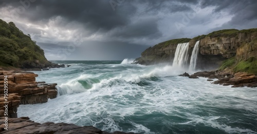 Waterfall during high tide or stormy weather with crashing waves