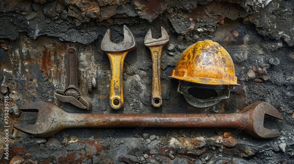 Hardhat hammer wrench and other worn dirty tools on dark background. International Workers' Day background with copy space area on side for text. Happy labor day. Business and media social background