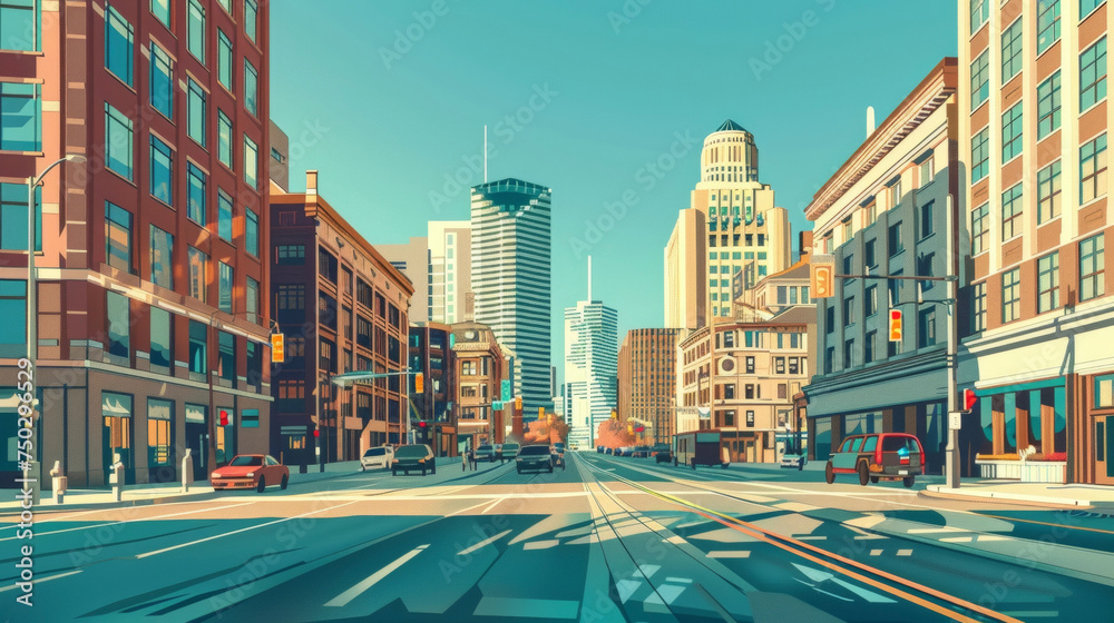 The hustle and bustle of city life is showcased in a photograph of a busy downtown intersection surrounded by historic buildings and sleek highrises.