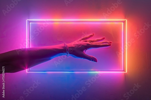 A hand in the neon light reaches for the glowing frame.