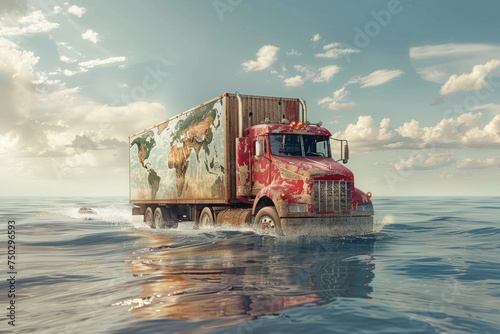 A large truck carrying goods across the water area.