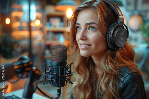 Female bloggers use studios equipped with microphones and laptops to livestream podcasts and YouTube videos. She delivers her charm to her fans on the Internet. Internet live streaming concept.