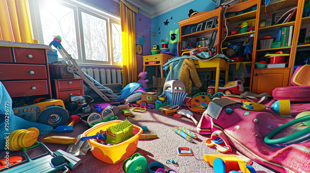 Fototapeta premium A virtual reality scene of a childs bedroom with objects tered around to represent potential choking hazards. The narrator discusses the importance of childproofing the home.