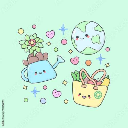 mother earth day plant ecobag earth with cute facial expressions and pastel colour