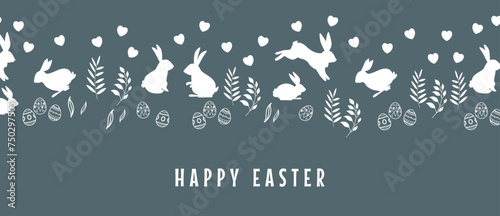 hand drawn Happy Easter horizontal seamless pattern with bunnies, flowers, easter eggs. 