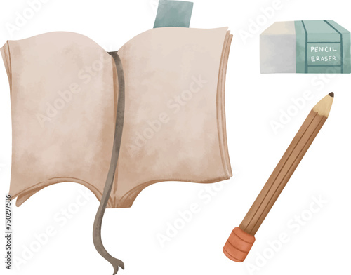 vector illustration of a book and pencil stationery isolated on white background
