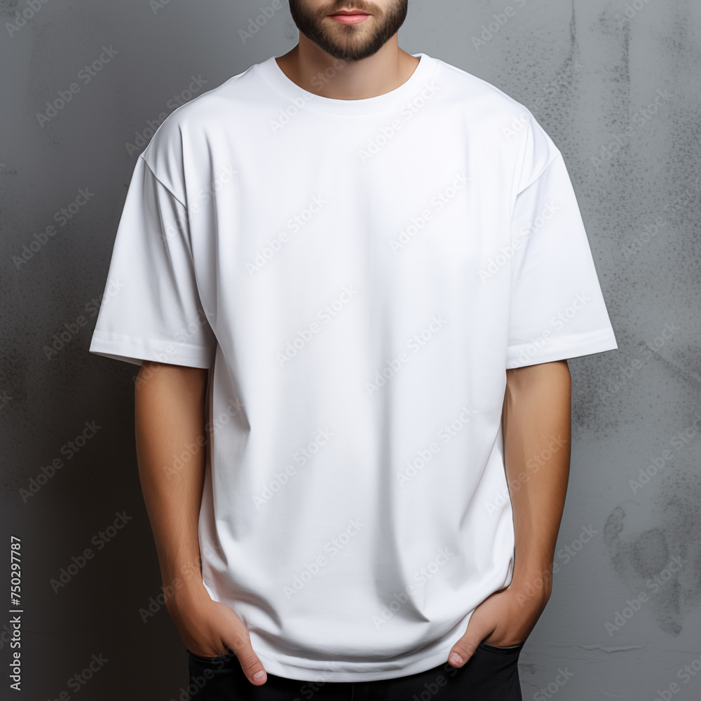 Man in white oversize t-shirt on gray wall for clothing mockup Man in white oversize t-shirt on gray wall for clothing mockup