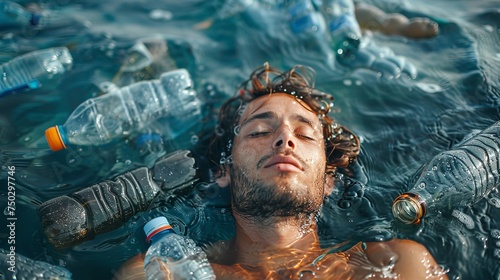 A man laying in river with lots of plastic bottles in water with a space for text a concept of water pollution, Generative AI.