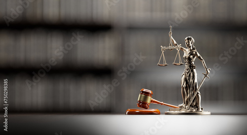 Legal Concept: Themis is the goddess of justice and the judge's gavel hammer as a symbol of law and order on the background of books