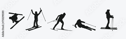 Vector set silhouette of ski. Winter sport, extreme sport concept. Isolated background. Vector illustration.