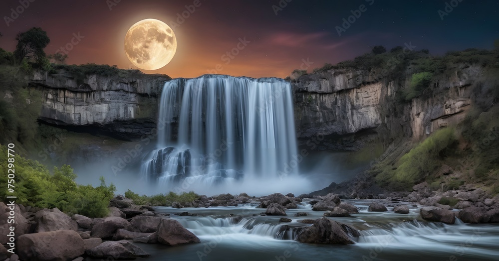 Waterfall under the light of the full moon