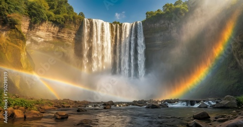 Waterfall with a rainbow against the sunlight