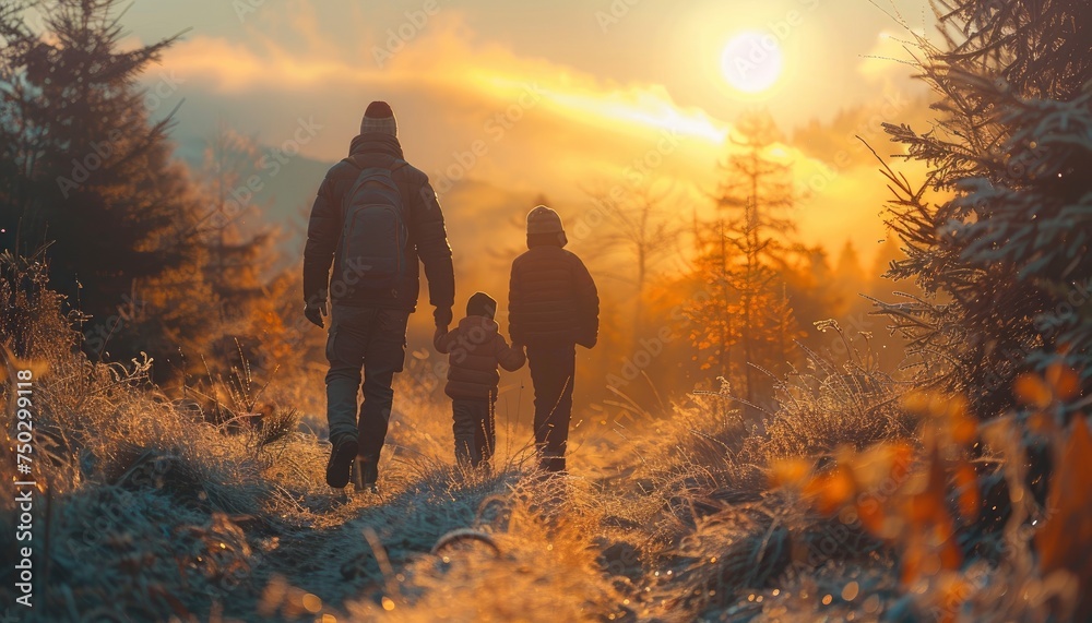 a family running through the field at sunset with a large sunrise in the background, in the style of photo-realistic landscapes