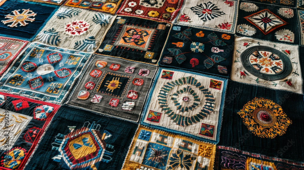 The floor is covered in soft woven rugs embroidered with sacred symbols. Each rug seems to tell a different story through its vibrant colors and patterns.