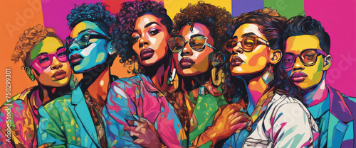 Pride day and the LGBT community with different people are represented by a pop art picture, style, texture or background.