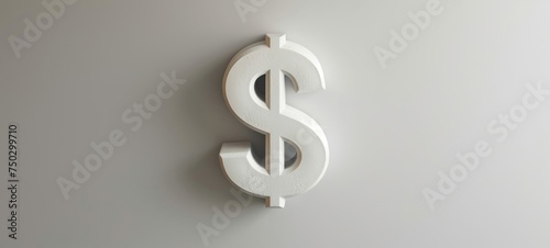 A dollar sign, shaped in white, is presented on a grey wall, showcasing back button focus, circular abstraction, minimal sculpture, and a white background. photo