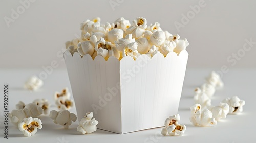 A white popcorn box with popcorns against a studio white backdrop with a big space for text or product a mockup, Generative AI. photo