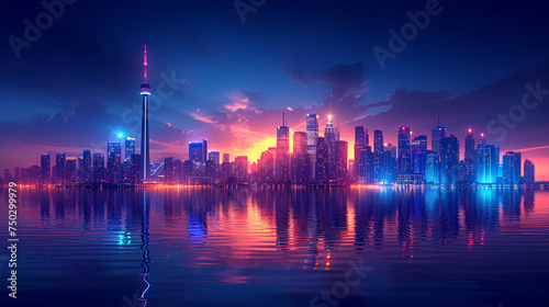 Line art - cityscape - skyline - neon lights - bright lights - water - coastal - bay - inlet - harbor - office buildings - skyscrapers - architecture  photo