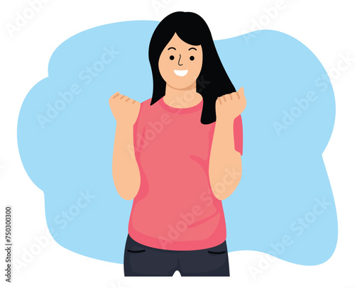 woman with happy expression and excited gesture