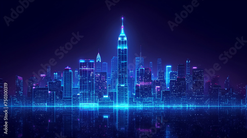 Line art - cityscape - skyline - neon lights - bright lights - water - coastal - bay - inlet - harbor - office buildings - skyscrapers - architecture 