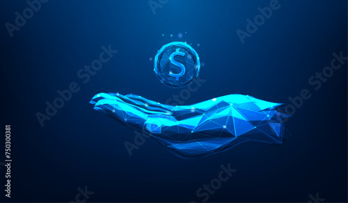 hand business with dollar money digital technology on blue background. save money and finance income investment concept. Refund and payment. vector illustration fantastic low poly wireframe design.