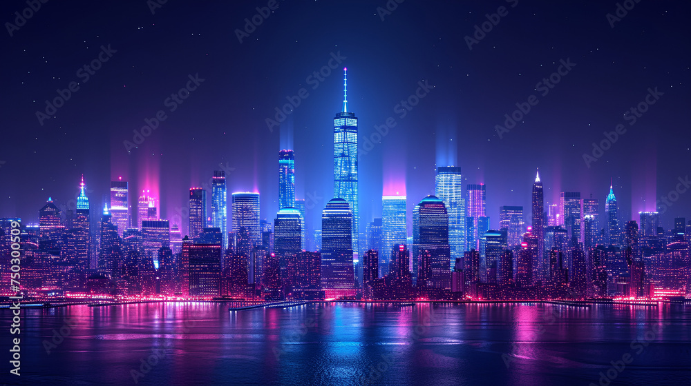 Line art - cityscape - skyline - neon lights - bright lights - water - coastal - bay - inlet - harbor - office buildings - skyscrapers - architecture  - obrazy, fototapety, plakaty 