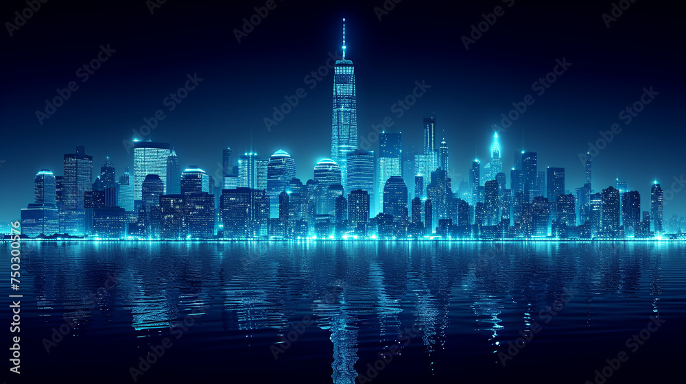 Obraz premium Line art - cityscape - skyline - neon lights - bright lights - water - coastal - bay - inlet - harbor - office buildings - skyscrapers - architecture