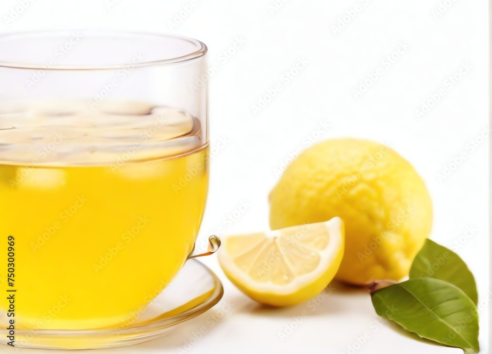 Lemon drinking tea on white background from Generative AI Lemon drinking tea on white background from Generative AI