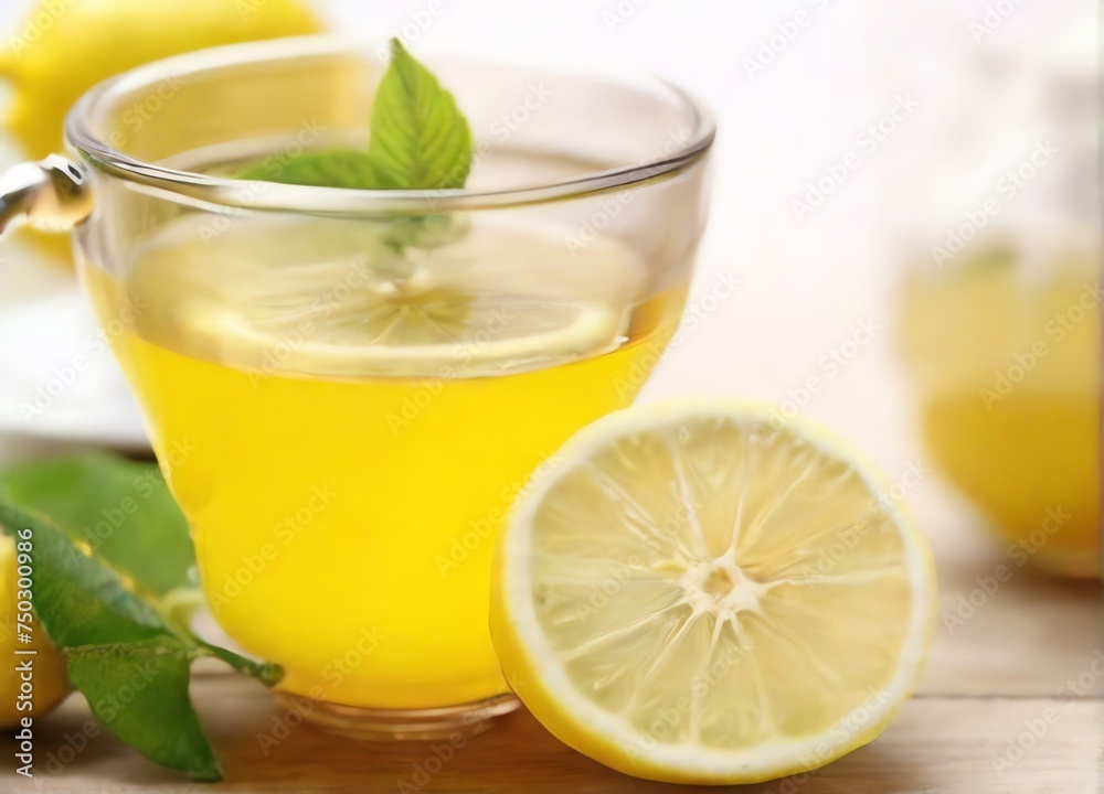 Lemon drinking tea on white background from Generative AI Lemon drinking tea on white background from Generative AI