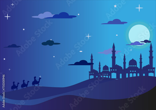 Landscape illustration of Ramadan kareem with silhouette of mosque and traveler carrying camel in desert