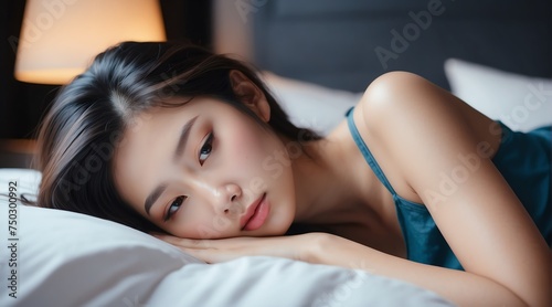 Sleeping beautiful attractive model asian young woman on bed from Generative AI